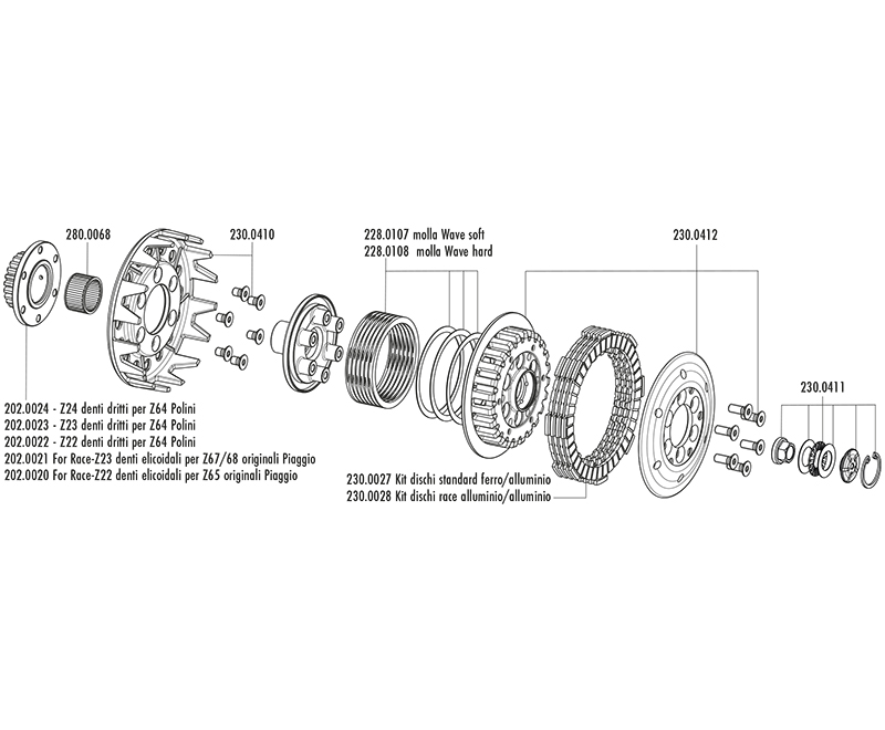 POLINI CLUTCH FOR RACE VESPA PX 125/150/ 200E WITH Z23 STRAIGHT TEETH SPROCKET